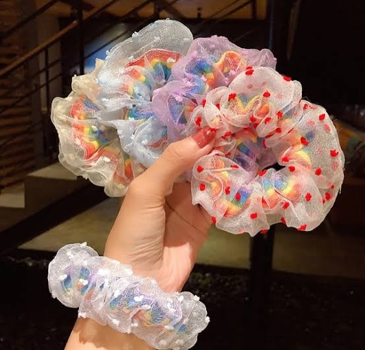 Mesh Pom Pom Rainbow Hair Scrunchies (Pack of 4) - PuppetBox
